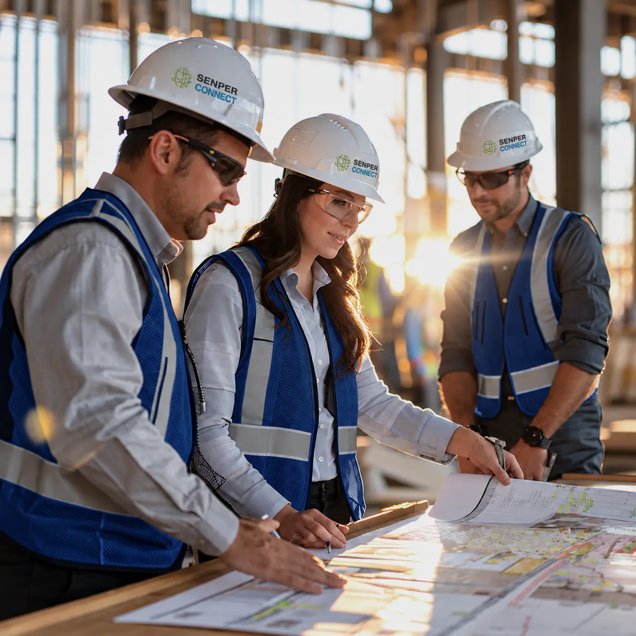 Ingenieros revisando planos en planta